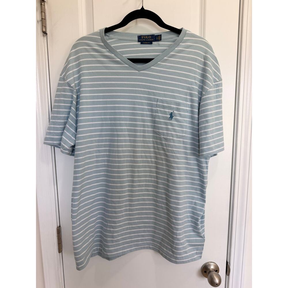Polo Ralph Lauren Men Large Classic Fit V-Neck Pocket T-Shirt Blue White Stripe